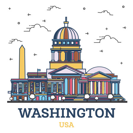 Outline Washington DC USA City Skyline with Color Buildings Isolated on White. Vector Illustration. Washington DC Cityscape with Landmarks.のイラスト素材
