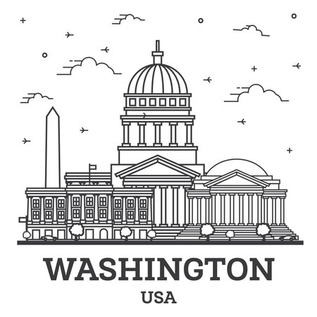 Outline Washington DC USA City Skyline with Modern Buildings Isolated on White. Vector Illustration. Washington DC Cityscape with Landmarks.のイラスト素材