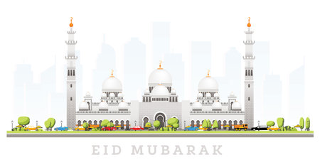 Ramadhan Kareem. Eid Mubarak Greetings with Grand Mosque in Abu Dhabi Isolated on White. Vector Illustration. Elegant Islamic Mosque Building.のイラスト素材