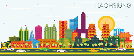Kaohsiung Taiwan City Skyline with Color Buildings and Blue Sky. Vector Illustration. Business Travel and Tourism Concept with Historic Architecture. Kaohsiung China Cityscape with Landmarks.のイラスト素材