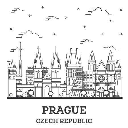 Outline Prague Czech Republic City Skyline with Historic Buildings Isolated on White. Vector Illustration. Prague Cityscape with Landmarks.のイラスト素材