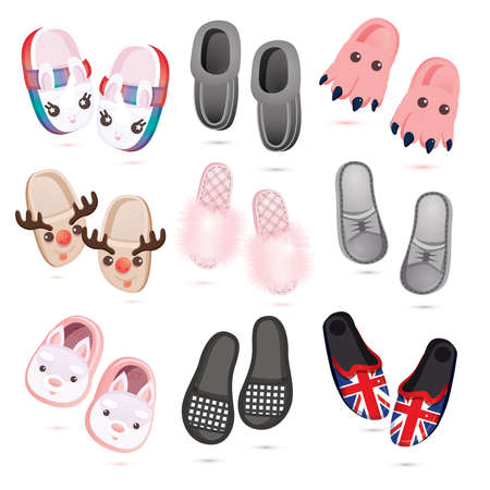 House Slippers Icon Set. Collection of Cartoon Female, Male and Children's Slippers Isolated on White. Vector Illustration. Flip Flops, Shoes.のイラスト素材