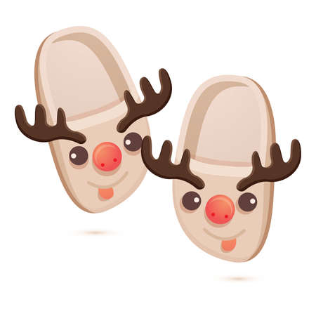 Christmas Pair of Home Cute Children's Slippers in the Form of a Deer Isolated on White. Vector Illustration. Slippers Icons. Home Shoes.のイラスト素材