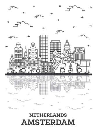 Outline Amsterdam Netherlands City Skyline with Historic Buildings and Reflections Isolated on White. Vector Illustration. Amsterdam Cityscape with Landmarks.のイラスト素材