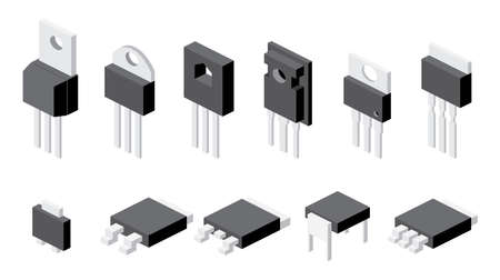 Transistors Set Isolated on White Background. Vector Illustration. Isometric Electronic Components. Icons Set.のイラスト素材