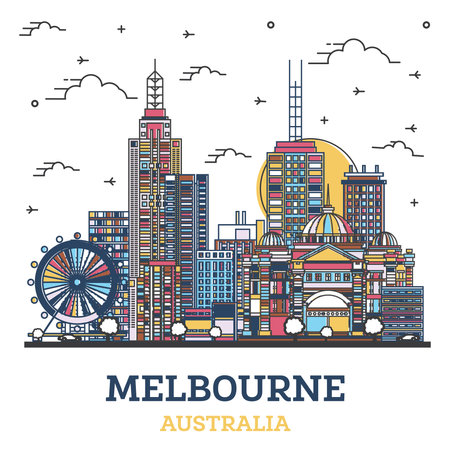 Outline Melbourne Australia City Skyline with Colored Modern Buildings Isolated on White. Vector illustration. Melbourne Cityscape with Landmarks.のイラスト素材