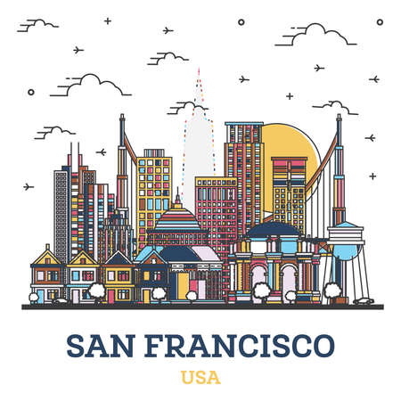 Outline San Francisco California City Skyline with Colored Modern Buildings Isolated on White. Vector Illustration. San Francisco USA Cityscape with Landmarks.のイラスト素材