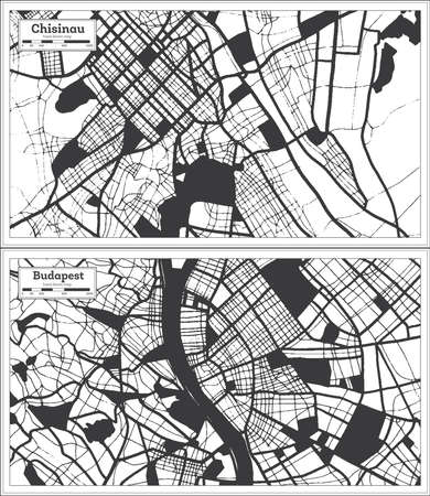 Budapest Hungary and Chisinau Moldova City Map Set in Black and White Color in Retro Style. Outline Map.の写真素材