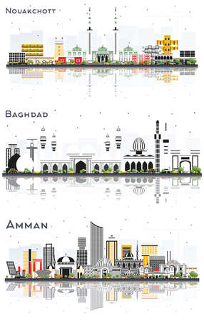 Amman Jordan, Baghdad Iraq, Nouakchott Mauritania Skyline Set with Color Buildings and Reflections Isolated on White Background.の写真素材