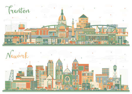 Newark and Trenton New Jersey City Skyline Set with Color Buildings. Trenton is the Capital of the US State of New Jersey. Cityscape with Landmarks.の写真素材