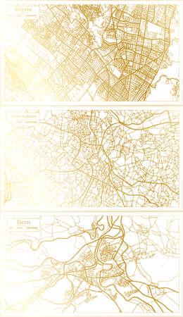 Birmingham UK, Bern Switzerland and Bogota Colombia City Map Set in Retro Style in Golden Color. Outline Map.の写真素材