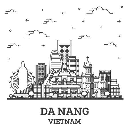 Outline Da Nang Vietnam City Skyline with Historic Buildings Isolated on White. Vector Illustration. Da Nang Cityscape with Landmarks.のイラスト素材