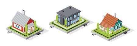 Residential House Buildings Set Isolated on White. Isometric Concept. Country Real Estate. Vector Illustration.のイラスト素材