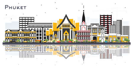 Phuket Thailand City Skyline with Color Buildings and Reflections Isolated on White. Vector Illustration. Travel and Tourism Concept with Modern Architecture. Phuket Cityscape with Landmarks.のイラスト素材