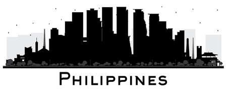 Philippines City Skyline Silhouette with Black Buildings Isolated on White. Vector Illustration. Travel Concept with Historic Architecture. Philippines Cityscape with Landmarks. Manila, Quezon, Davao, Cebu.のイラスト素材
