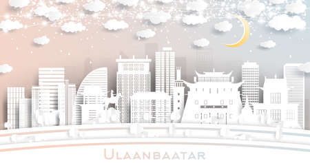 Ulaanbaatar Mongolia City Skyline in Paper Cut Style with Snowflakes, Moon and Neon Garland. Vector Illustration. New Year Concept. Ulaanbaatar Cityscape with Landmarks.のイラスト素材