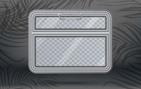 Train Window with Checkered Copy Space and Shadow from Palm Leaves. Realistic View From Inside of Train. Vector Illustration. Train Element. Travel Design Concept.のイラスト素材