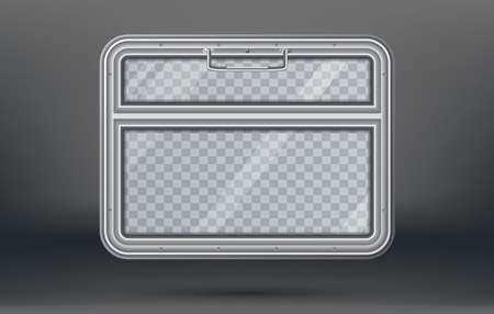 Train Travel. Tourism Concept. Empty Train Window with Handle on Gray Background with Checkered Place for Text. View From Inside of Train. Vector Illustration. Train Element.のイラスト素材