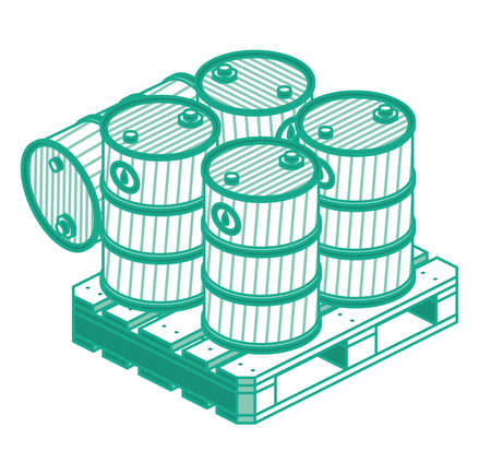 Isometric Outline Oil Barrels On Wooden Pallet. Vector Illustration. Isolated Objects.のイラスト素材