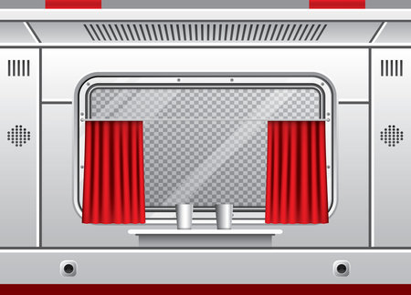 Train Wagon Interior with Window and Red Curtain. Train Travel. Comfortable Voyage. Vector Illustration. Passenger Compartment with Table, Glasses and Sockets. Futuristic Interior with Gray Walls.のイラスト素材