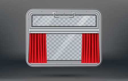 Train Window with Red Curtain and Copy Space. Window with Handle. Vector Illustration. Train Element. Travel Design Concept.のイラスト素材