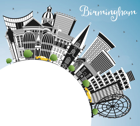 Birmingham UK City Skyline with Color Buildings, Blue Sky and Copy Space. Vector Illustration. Birmingham Cityscape with Landmarks. Business Travel and Tourism Concept with Historic Architecture.のイラスト素材