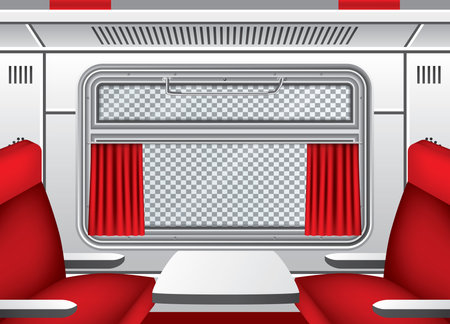 Interior of Train Wagon with Window, Red Curtains and Seats with Table. Train Travel. Comfortable Voyage. Vector Illustration. Empty Passenger Compartment. Futuristic Interior with Gray Walls.のイラスト素材