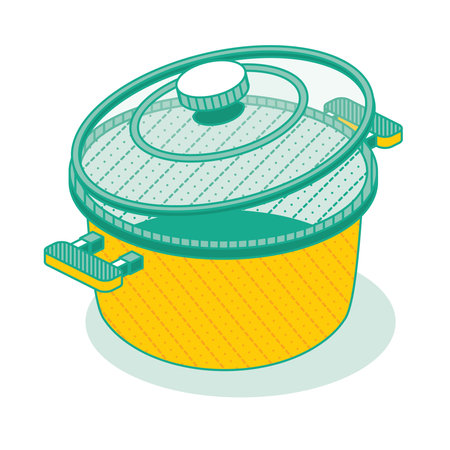 Outline Isometric Saucepan with Lid Isolated on White Background. Vector Illustration. Kitchen Object. Kitchenware Tool for Cooking. Empty Pan.のイラスト素材