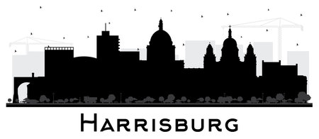 Harrisburg Pennsylvania City Skyline Silhouette with Black Buildings Isolated on White. Vector Illustration. Harrisburg USA Cityscape with Landmarks. Business Travel and Tourism Concept with Modern Architecture.のイラスト素材