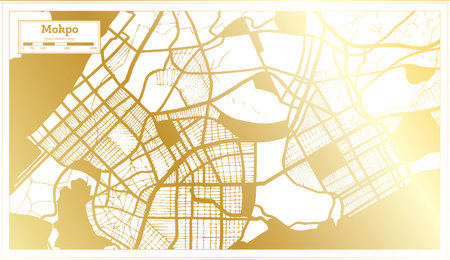 Mokpo South Korea City Map in Retro Style in Golden Color. Outline Map. Vector Illustration.のイラスト素材