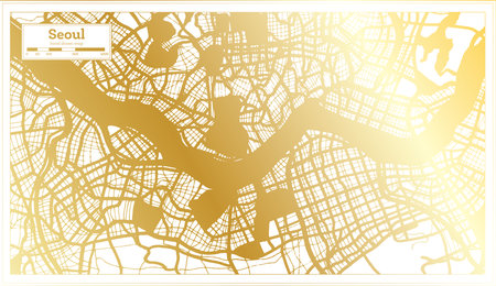Seoul South Korea City Map in Retro Style in Golden Color. Outline Map. Vector Illustration.のイラスト素材