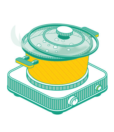 Isometric Pan with Lid and Boiling Water on Electric Stove Isolated on White Background. Vector Illustration. Outline Portable Single Burner Electric Stove.のイラスト素材