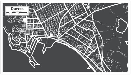 Durres Albania City Map in Black and White Color in Retro Style. Outline Map. Vector Illustration.のイラスト素材