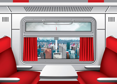 Interior of Train Wagon with Window, Red Curtains and Seats with Table. City Skyline. Train Travel. Comfortable Voyage. Vector Illustration. Empty Passenger Compartment. Futuristic Interior.のイラスト素材