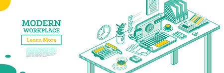Isometric Modern Business Workplace. Vector Illustration. Outline Office Workplace with Laptop, Smartphone, Paper Trays, Plant and Telephone.のイラスト素材