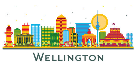 Wellington New Zealand City Skyline with Color Buildings Isolated on White. Vector Illustration. Business Travel and Tourism Concept with Modern Architecture. Wellington Cityscape with Landmarks.のイラスト素材