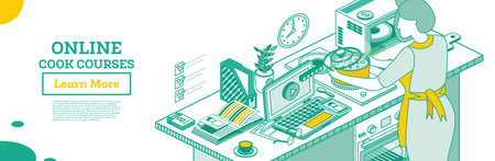 Woman Watches Cooking Channels. Isometric Online Cook School. Woman Cooking Soup on the Electric Stove. Culinary Course. Vector Illustration. Video Tutorial or Webinar on the Notebook. Online Recipe.のイラスト素材