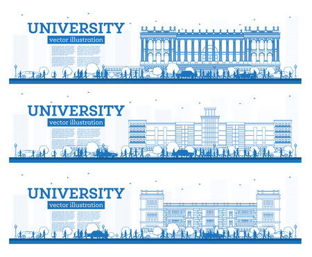 Outline University Campus Set. Study Banners. Vector Illustration. Students Go to the Main Building of University. Skyline with Blue Sky and Green Tree. Banner with Copy Space.のイラスト素材