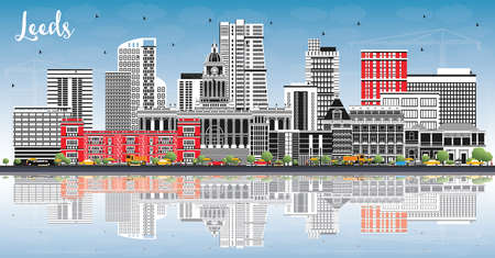 Leeds UK City Skyline with Color Buildings, Blue Sky and Reflections. Vector Illustration. Leeds Yorkshire Cityscape with Landmarks. Business Travel and Tourism Concept with Historic Architecture.のイラスト素材