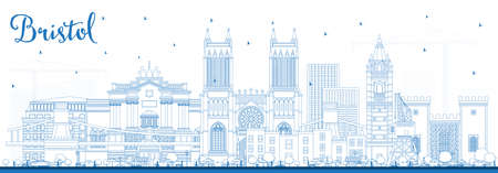 Outline Bristol UK City Skyline with Blue Buildings. Vector Illustration. Bristol England Cityscape with Landmarks. Business Travel and Tourism Concept with Historic Architecture.のイラスト素材