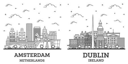 Outline Dublin Ireland and Amsterdam Netherlands City Skyline Set with Historic Buildings Isolated on White. Cityscape with Landmarks.の写真素材