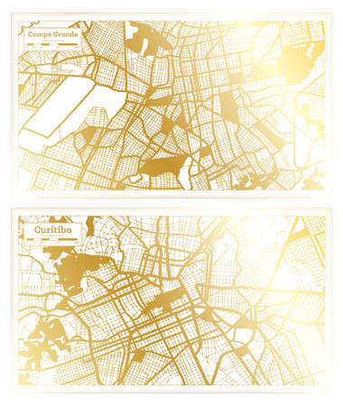 Curitiba and Campo Grande Brazil City Map Set in Retro Style in Golden Color. Outline Map.の写真素材