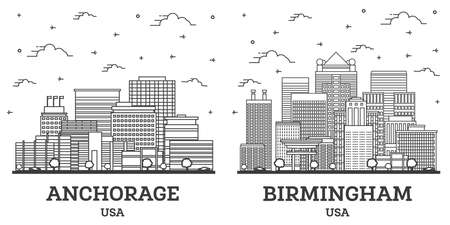 Outline Birmingham Alabama and Anchorage Alaska USA City Skyline Set with Modern Buildings Isolated on White. Cityscape with Landmarks.の写真素材