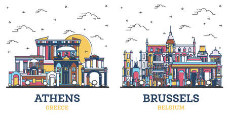 Outline Brussels Belgium and Athens Greece City Skyline Set with Colored Historic Buildings Isolated on White. Cityscape with Landmarks.の写真素材