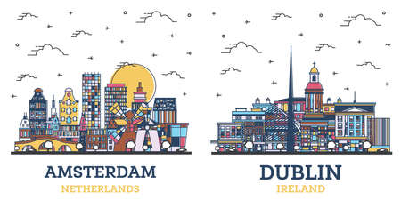 Outline Dublin Ireland and Amsterdam Netherlands City Skyline Set with Colored Historic Buildings Isolated on White. Cityscape with Landmarks.の写真素材