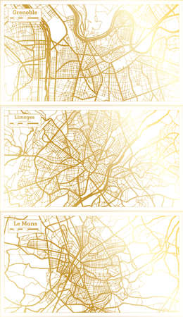 Limoges, Le Mans and Grenoble France City Map Set in Retro Style in Golden Color. Outline Map.の写真素材