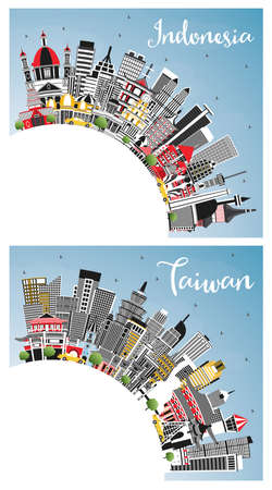 Taiwan and Indonesia Cities Skyline Set with Gray Buildings, Blue Sky and Copy Space. Indonesia Cityscape with Landmarks. Jakarta. Surabaya. Bekasi. Bandung. Taipei. Kaohsiung. Taichung. Tainan.の写真素材