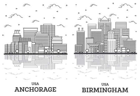 Outline Birmingham Alabama and Anchorage Alaska USA City Skyline Set with Modern Buildings and Reflections Isolated on White. Cityscape with Landmarks.の写真素材