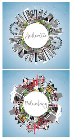 Palembang and Jakarta Indonesia City Skyline Set with Gray Buildings, Blue Sky and Copy Space. Cityscape with Landmarks.の写真素材