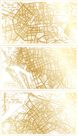 Kaohsiung, Hsinchu and Chiayi Taiwan City Map Set in Retro Style in Golden Color. Outline Map.の写真素材